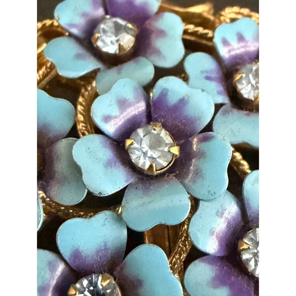 Vintage Avon Brooch Enamel Flower Blue Purple Rhinestone